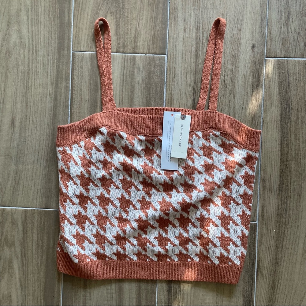NEW W/ TAG ANTHROPOLOGIE 525 Brown Copper Orange Houndstooth Knit Tank Top Sz SM